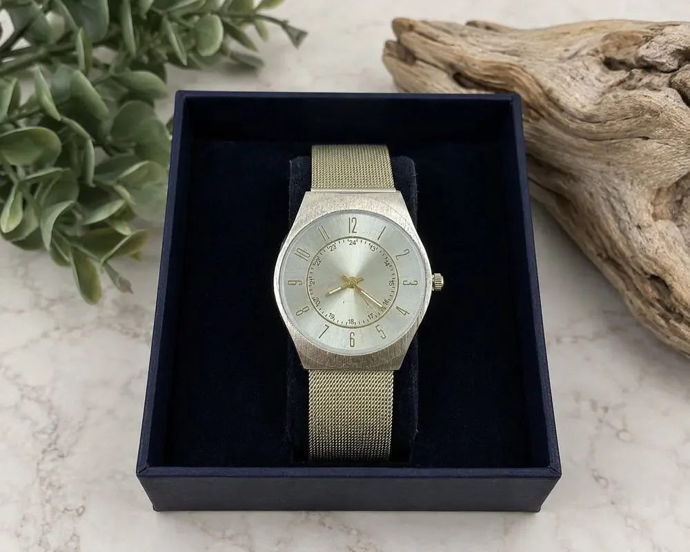 Quartz Japan Movement Gold Tone Mesh Band Wristwatch Stainless Steel Back